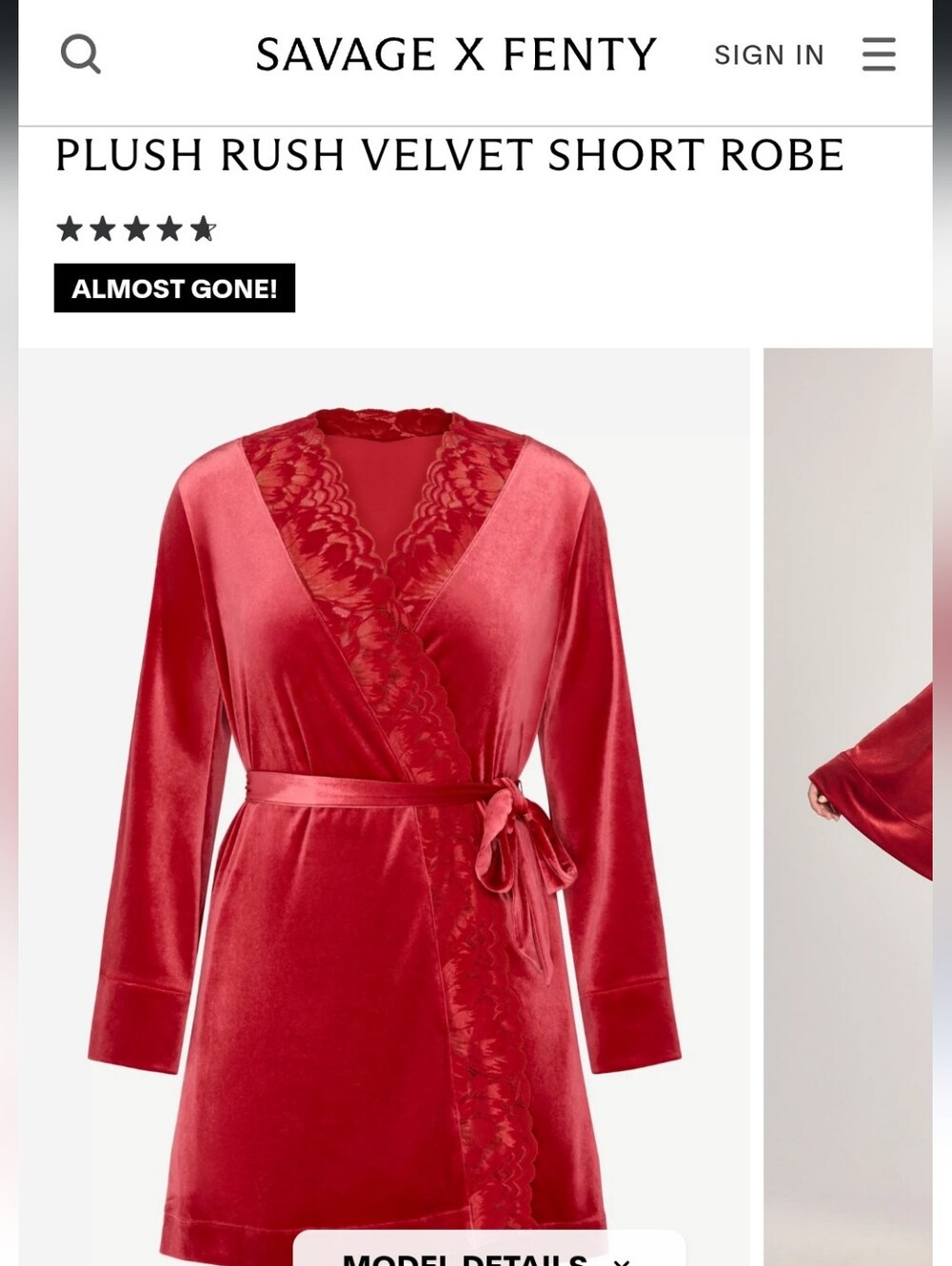 Savage X Fenty Red Velvet Short Robe with Lace Trim